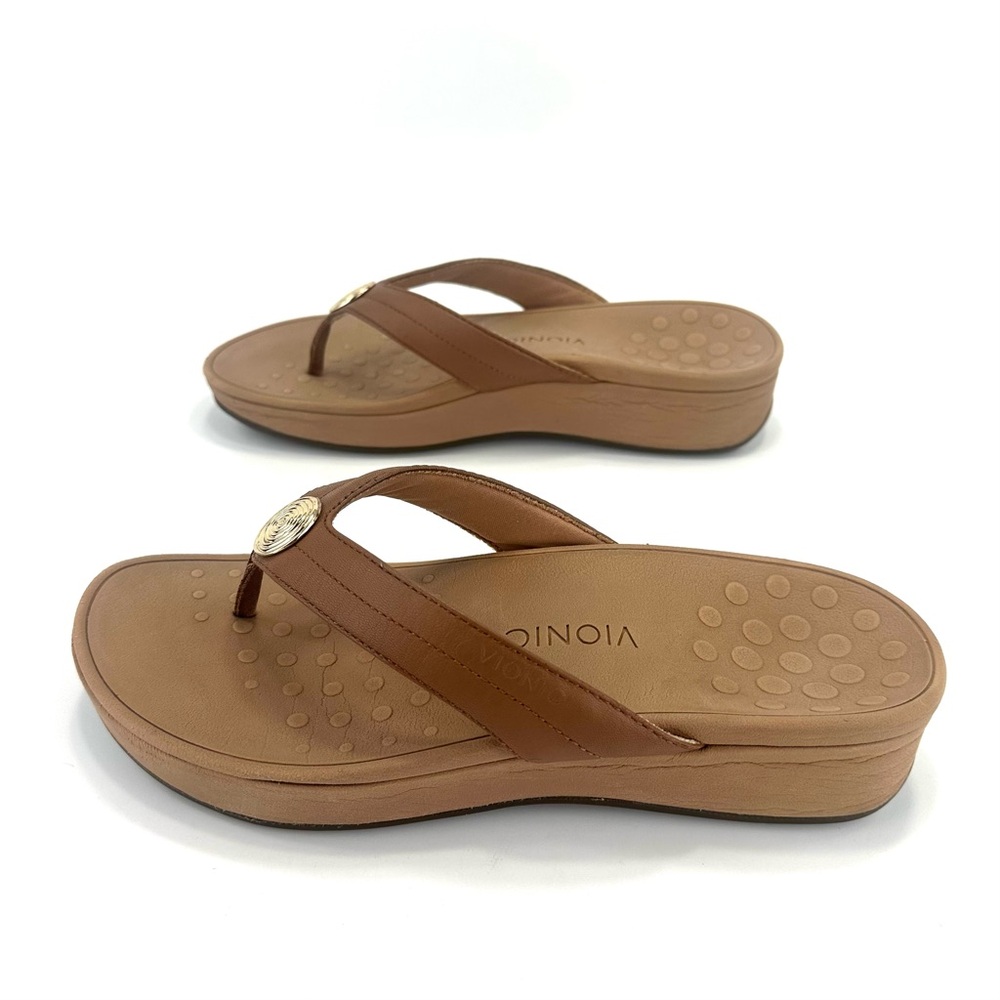 VIONIC BROWN LEATHER PLATFORM PODIATRIST DESIGNED THONG-TOE SANDAL
